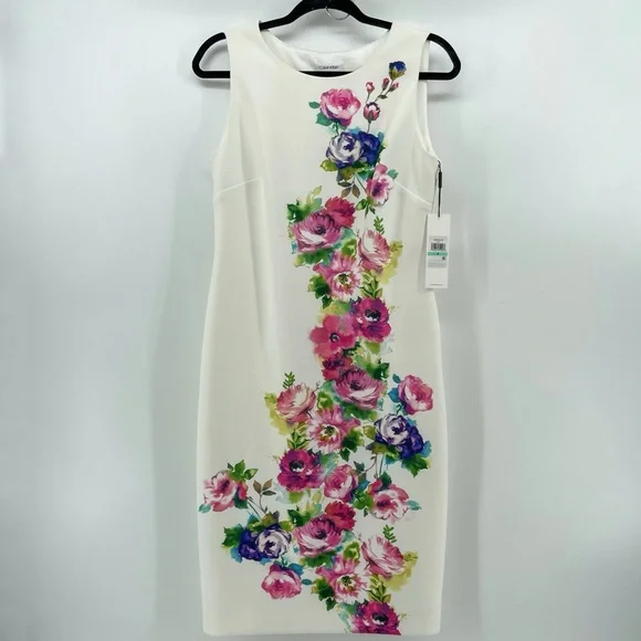 NEW Calvin Klein Sheath Dress White Floral Sleeveless 8 - Picture 3 of 12